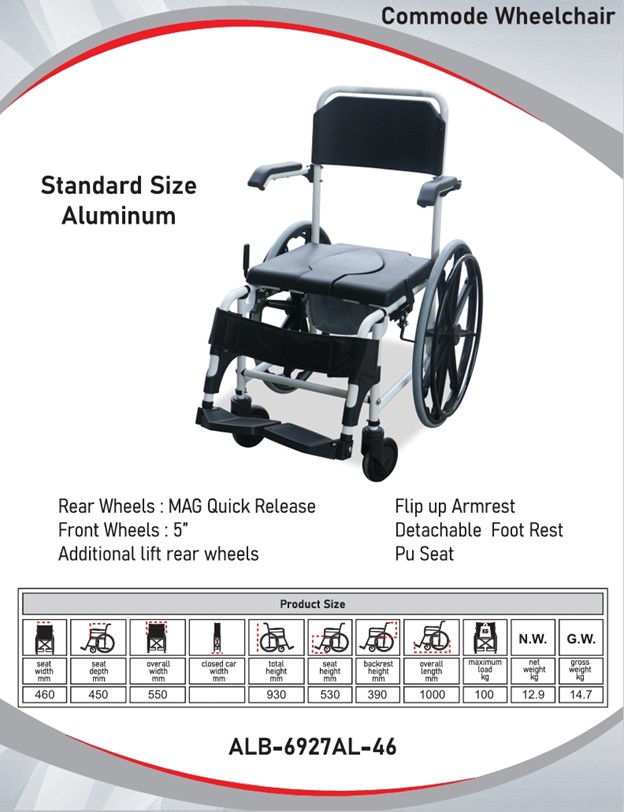 Commode Wheelchair  I Standard size Aluminum  I  ALB - 6927AL-46